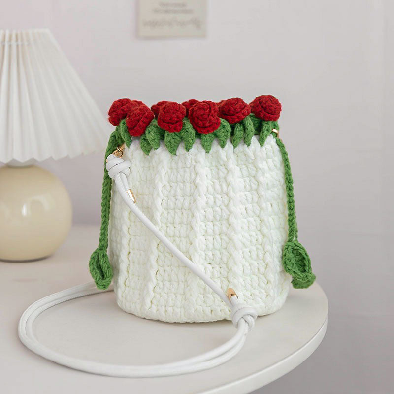 DIY Crochet Rose Bucket Bag Kit Wool Yarn Crossbody Craft for Beginners