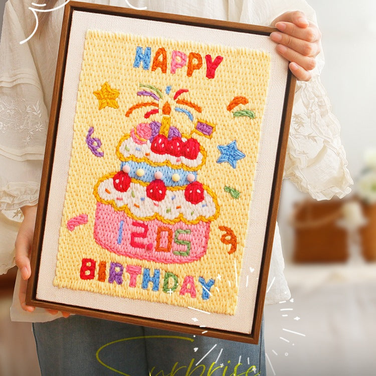 Happy Birthday Punch Needle DIY Kit Handmade Cake Frame Embroidery Gift for Friends