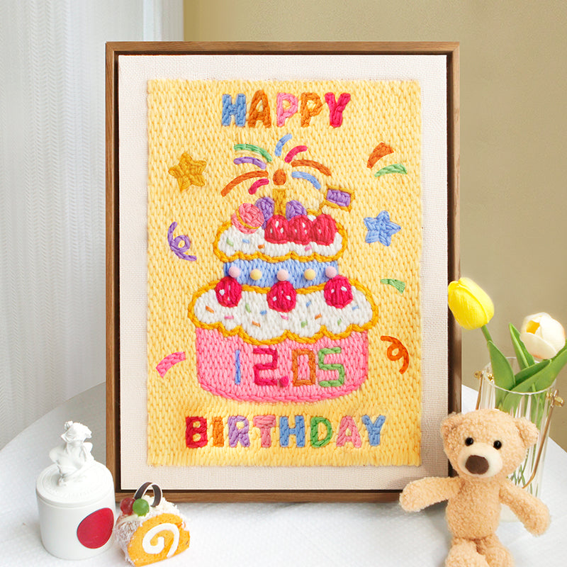 Happy Birthday Punch Needle DIY Kit Handmade Cake Frame Embroidery Gift for Friends