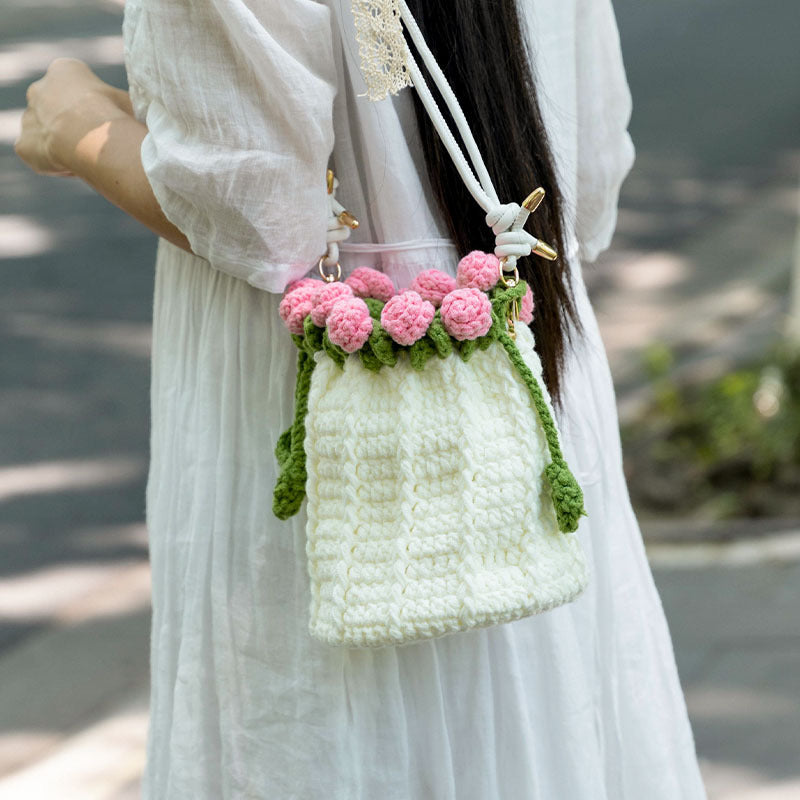 DIY Crochet Rose Bucket Bag Kit Wool Yarn Crossbody Craft for Beginners