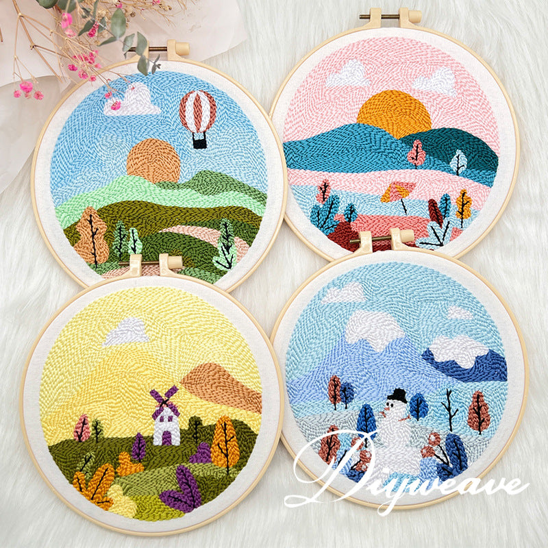 Four Seasons Landscape Punch Needle Embroidery DIY Kit Handmade Lu Embroidery Wall Art