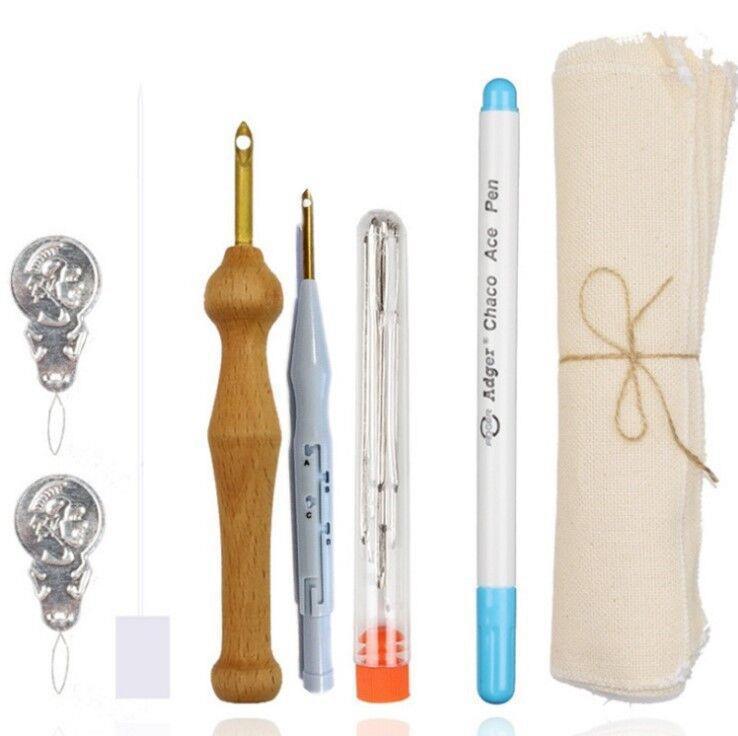 Punch Needle Embroidery Kit 9 Piece Set with 28x28cm Cotton Linen Fabric and Scissors