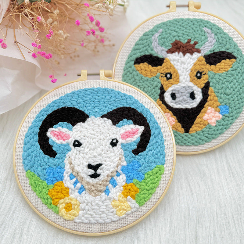 Chunky Yarn Punch Needle DIY Kit for Beginners – Cartoon Cow and Sheep Series