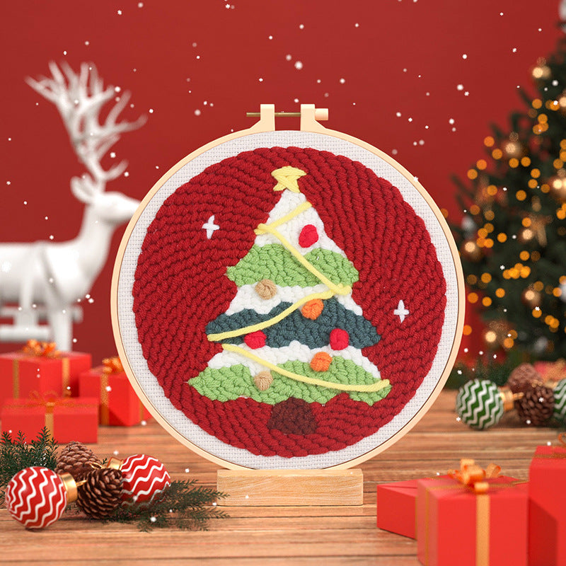 Christmas Punch Needle DIY Kit Beginner Hand Embroidery Starter Set with Fabric
