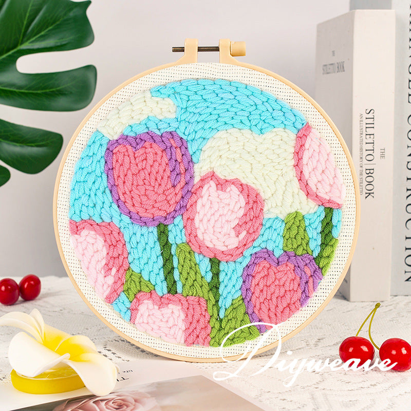 Chunky Yarn Punch Needle DIY Kit Cartoon Floral Style Beginner Embroidery Set